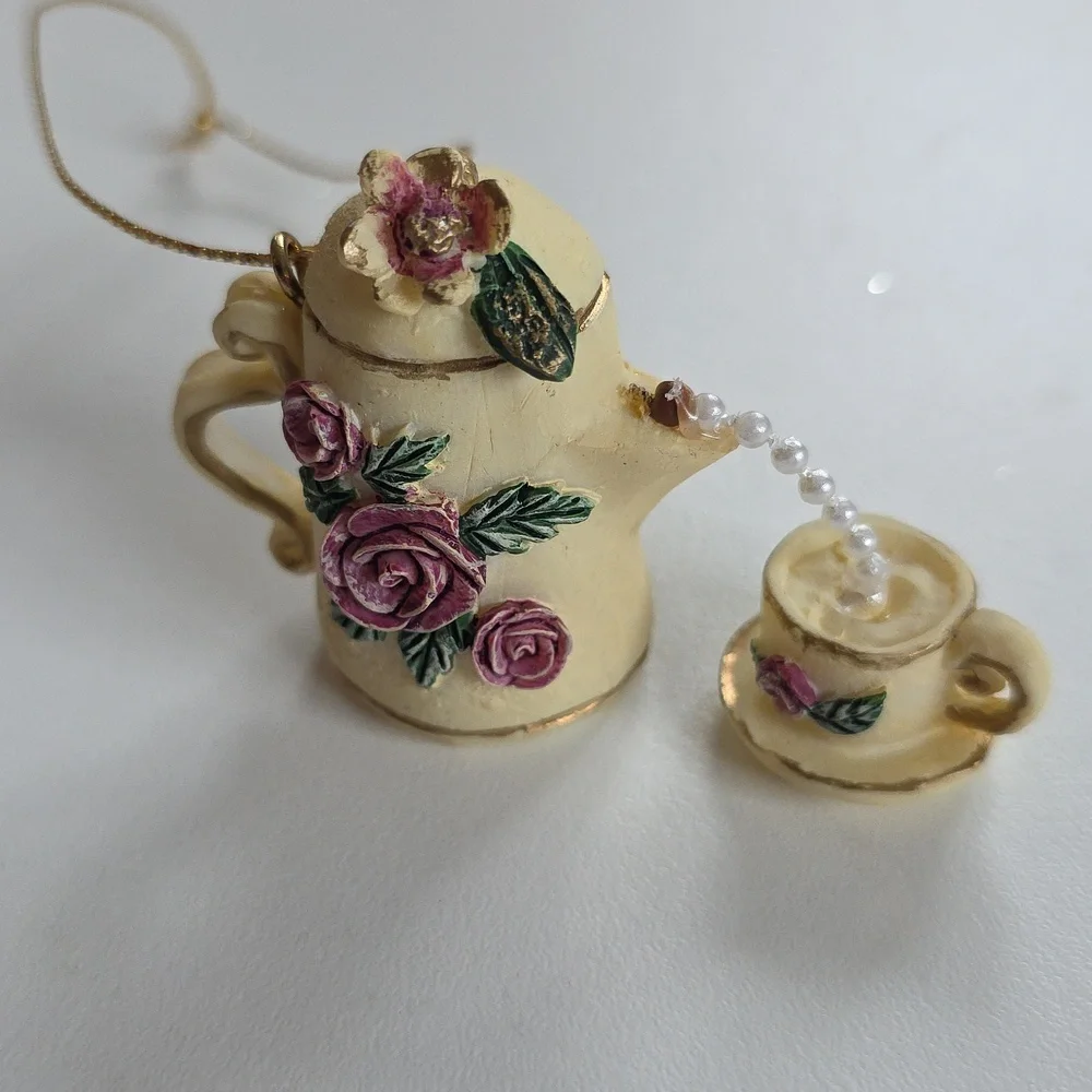 Christmas Ornament - Floral Cream Teapot With Beads To Teacup